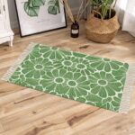 Green Spring Floral Bath Rug 2x3ft Woven Bathroom Entryway Runner Rug,Pastoral Flower Abstract Washable Living Room Hallway Bedroom Kitchen Carpet with Tassels,Indoor Outdoor Throw Doormat