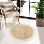 Hand Woven Round Area Rug Soft Cotton Machine Washable Carpet 3ft Farmhouse Rugs with Tassels, Tan/Cream Circle Rugs for Bedroom Living Room Dining Room Table Office