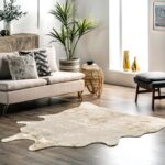 Machine Washable Faux Cowhide Area Rug, Shaped 3'10"x5', Off-White