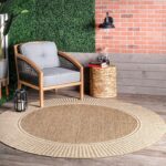 6'7" Round Outdoor Area Rug, Casual Design With Striped Border, Stain Resistant, Highly Durable, For Patio, Balcony, Bedroom, Living Room, Dining Room, Bathroom, Light Brown