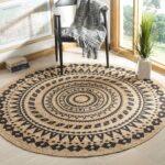 Area Rug - 3' Round, Black & l, Handmade Boho Mandala Braided Jute, Ideal for High Traffic Areas in Living Room, Bedroom
