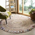 Cape Cod  Area Rug - 4' Round, Ivory & Light Beige, Handmade Boho Fringe Jute & Cotton, Ideal for High Traffic Areas in Living Room, Bedroom