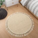 Boho Round Rug 3ft, Small Circle Rugs for Entryway Kitchen Cotton Washable Indoor Door Bath Mat with Tassels, Farmhouse Round Area Rug Non Shedding Circle Carpet for Bedroom Entry, Khaki